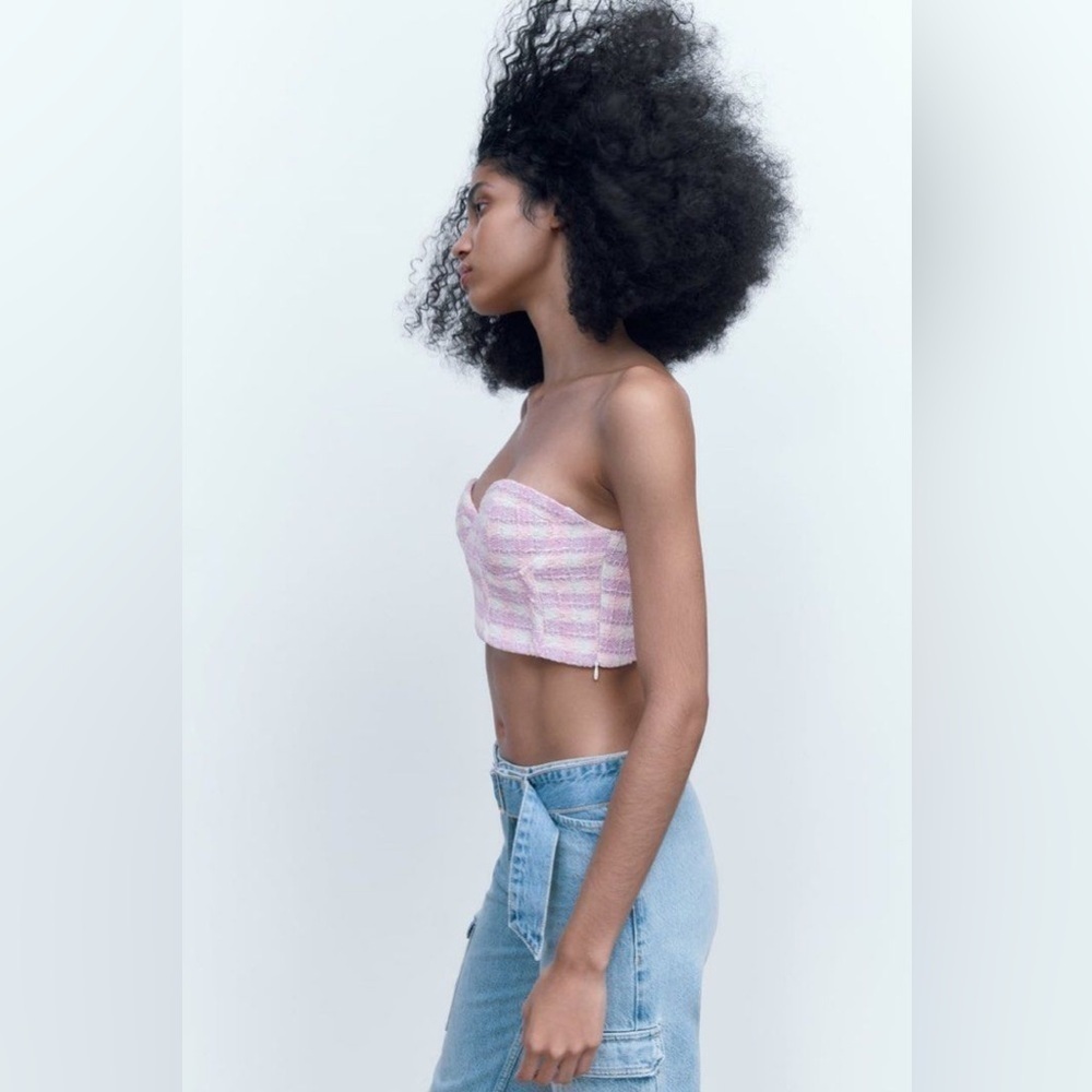 NWT‎ Zara pink plaid tweed corset crop top size small ethereal collegiate…